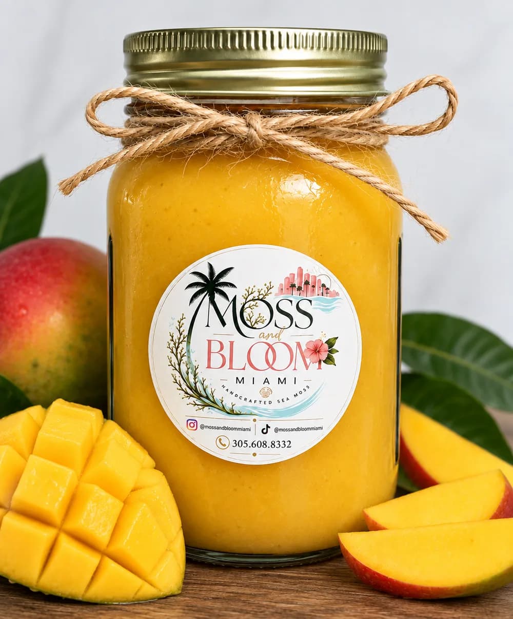 Mango sea moss gel in a 16 oz mason jar