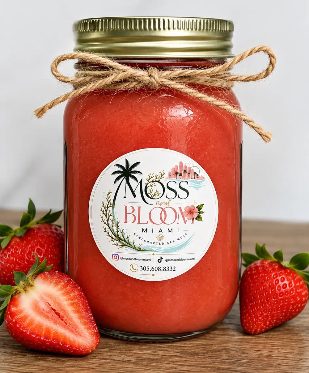 Strawberry sea moss gel in a 16 oz mason jar